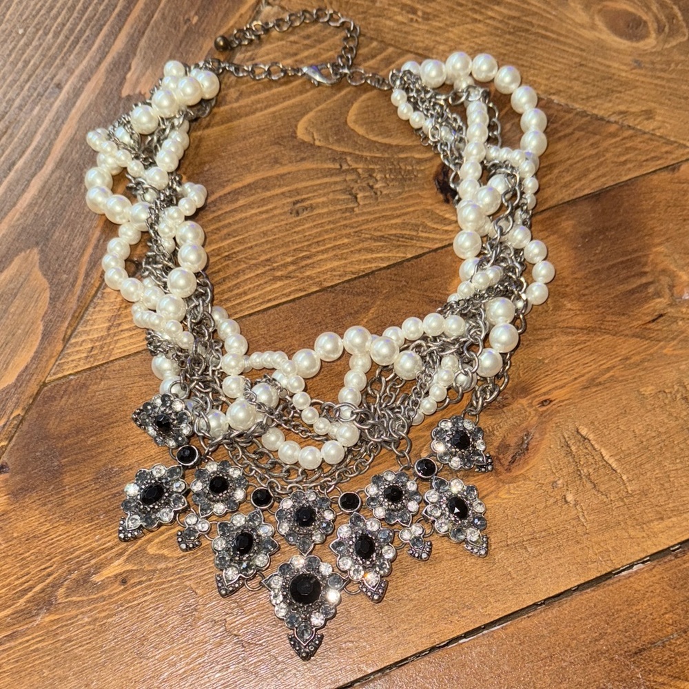 Pearl, Silver Chain and Black Crystal Statement Necklace